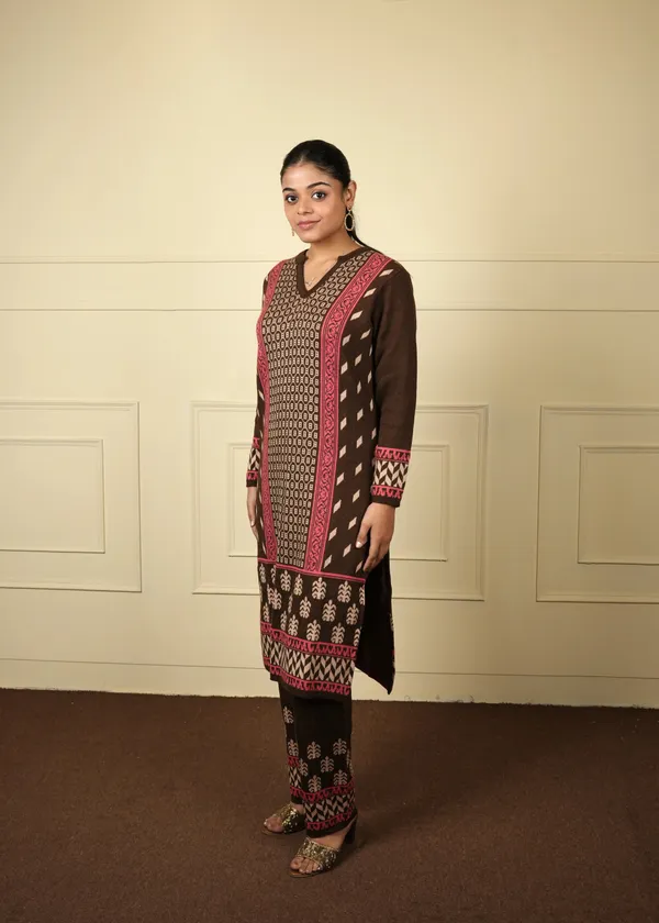 Brown_Cotton_Silk_Kurta_Trouser_Woolen_Set_For_Women