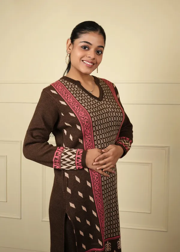 Brown_Cotton_Silk_Kurta_Trouser_Woolen_Set_For_Women