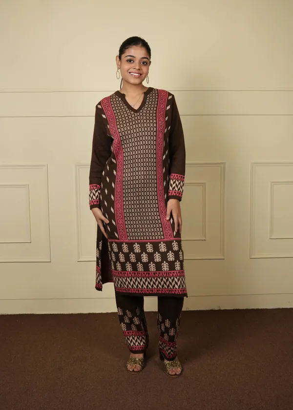Brown_Cotton_Silk_Kurta_Trouser_Woolen_Set_For_Women