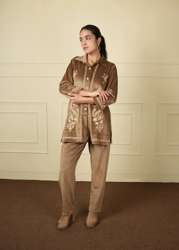 Beige_Cotton_Silk_Shirt_Trouser_Woolen_Set_For_Women