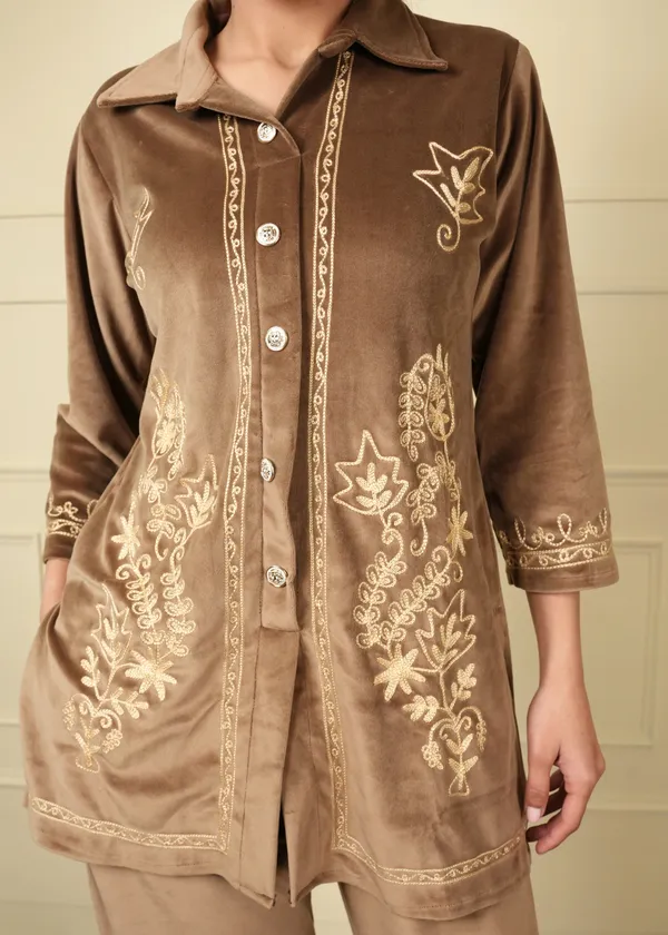 Beige_Cotton_Silk_Shirt_Trouser_Woolen_Set_For_Women