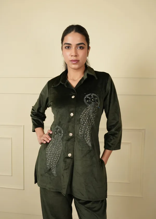 Green_Cotton_Silk_Coat_Long_Trouser_Woolen_Set_For_Women