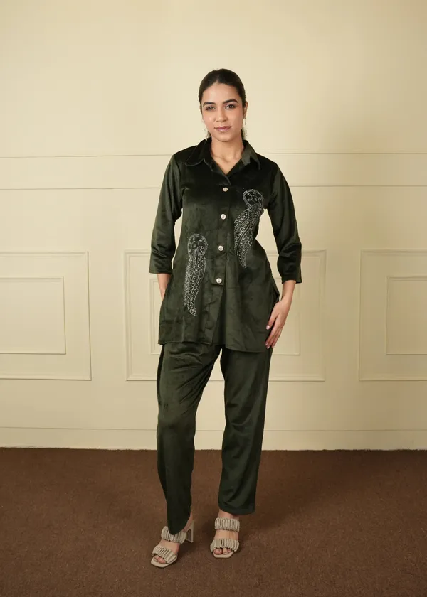 Green_Cotton_Silk_Coat_Long_Trouser_Woolen_Set_For_Women