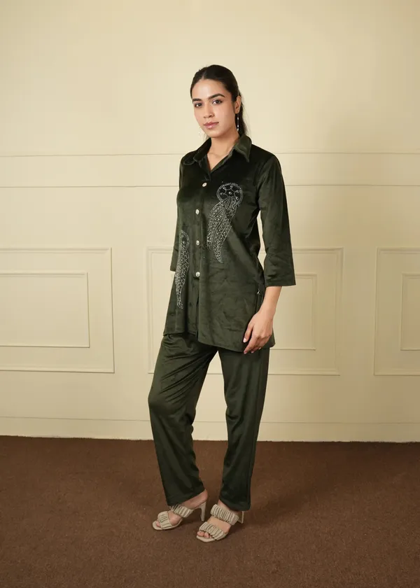 Green_Cotton_Silk_Coat_Long_Trouser_Woolen_Set_For_Women