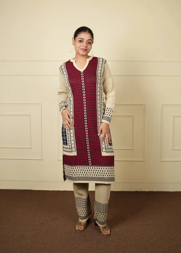Maroon_&_Beige_Cotton_Silk_Kurta_Trouser_Woolen_Set_For_Women
