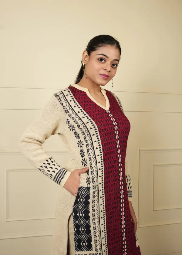 Maroon_&_Beige_Cotton_Silk_Kurta_Trouser_Woolen_Set_For_Women