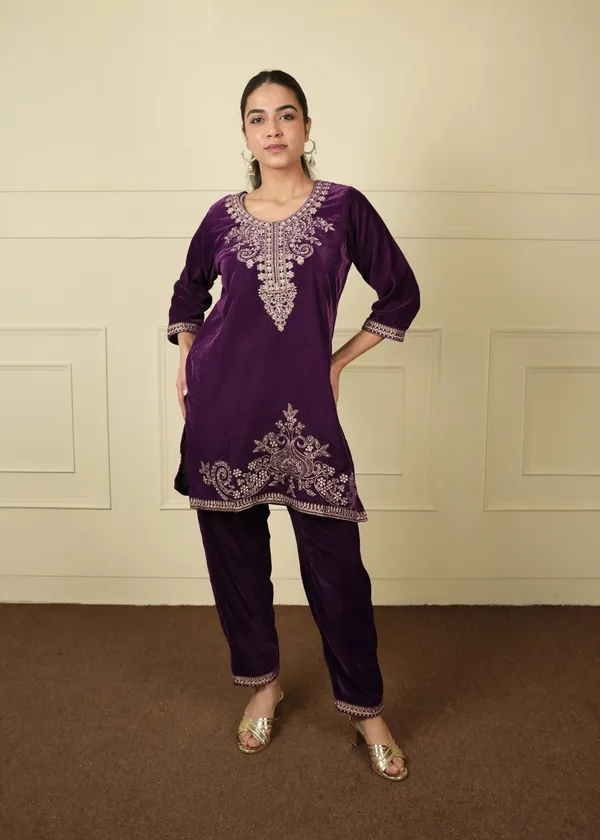 Purple_Cotton_Silk_Velvet_Short_Kurti_Pant_Co-Ord_Set_For_Women
