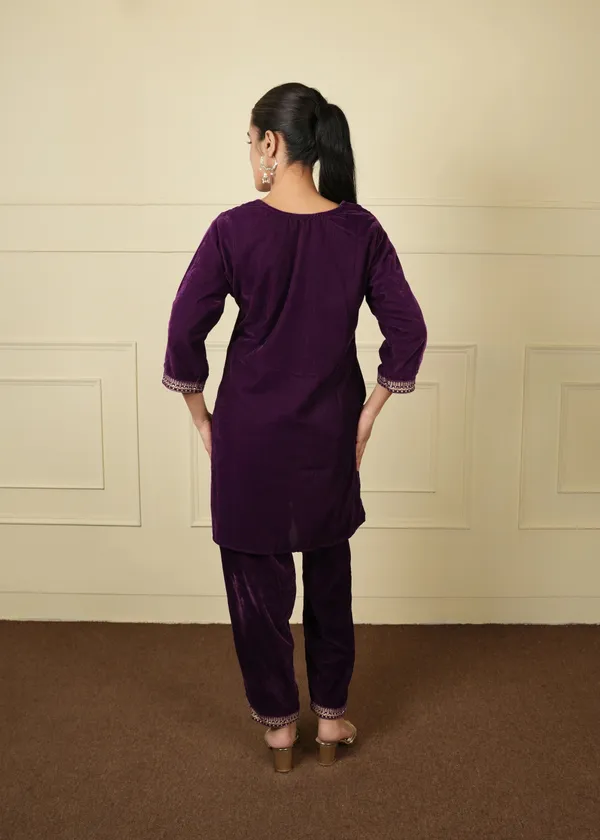 Purple_Cotton_Silk_Velvet_Short_Kurti_Pant_Co-Ord_Set_For_Women