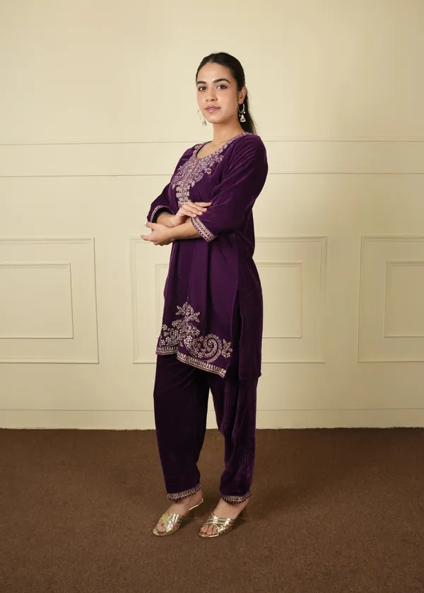 Purple_Cotton_Silk_Velvet_Short_Kurti_Pant_Co-Ord_Set_For_Women