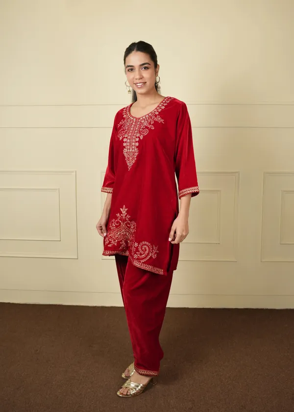 Red_Cotton_Silk_Velvet_Short_Kurti_Pant_Co-Ord_Set_For_Women