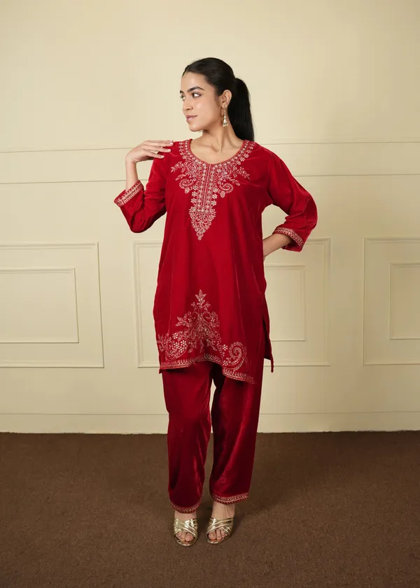 Red_Cotton_Silk_Velvet_Short_Kurti_Pant_Co-Ord_Set_For_Women