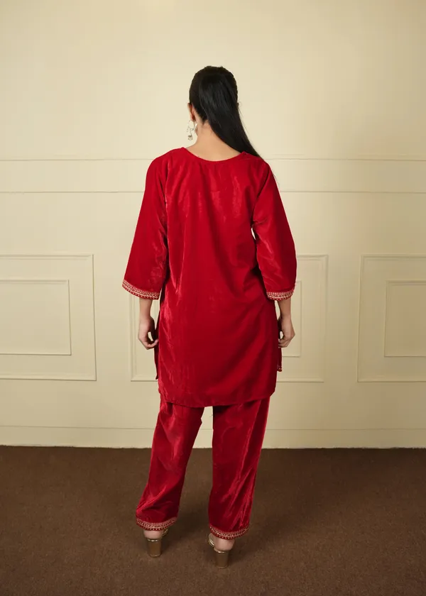 Red_Cotton_Silk_Velvet_Short_Kurti_Pant_Co-Ord_Set_For_Women