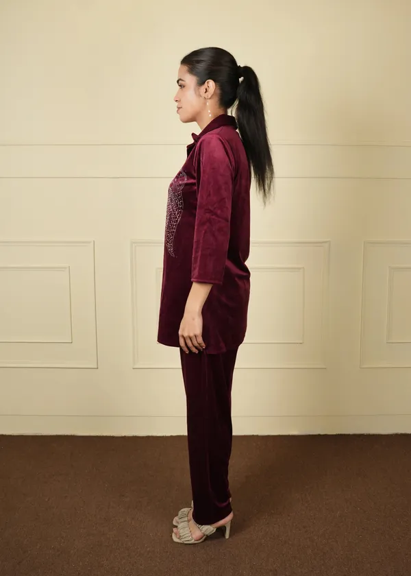Wine_Cotton_Silk_Coat_Long_Trouser_Woolen_Set_For_Women