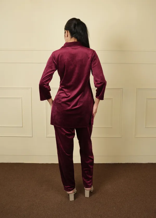 Wine_Cotton_Silk_Coat_Long_Trouser_Woolen_Set_For_Women