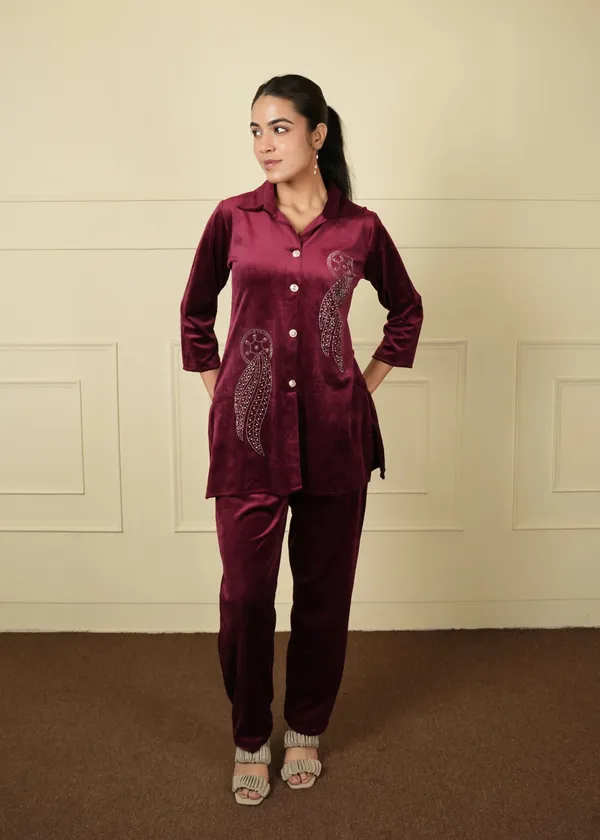 Wine_Cotton_Silk_Coat_Long_Trouser_Woolen_Set_For_Women
