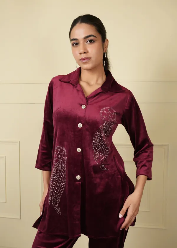 Wine_Cotton_Silk_Coat_Long_Trouser_Woolen_Set_For_Women