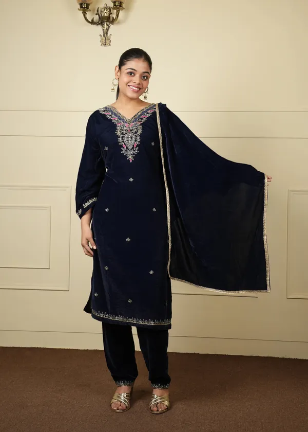 Teal_Blue_Teal_Georgette_Velvet_Kurti_Set_For_Women