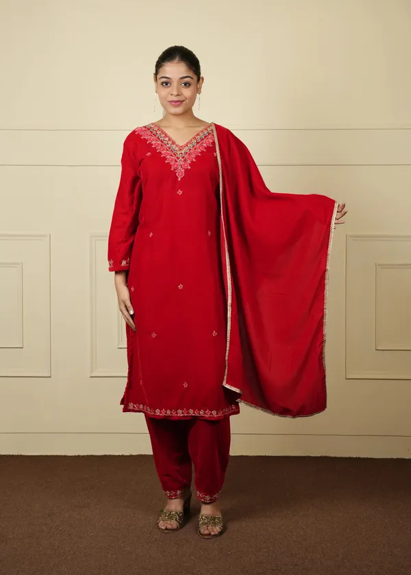 Red_Cotton_Silk_Velvet_Kurti_Set_For_Women