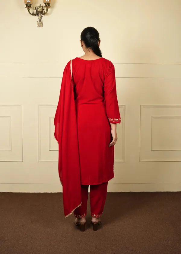 Red_Cotton_Silk_Velvet_Kurti_Set_For_Women