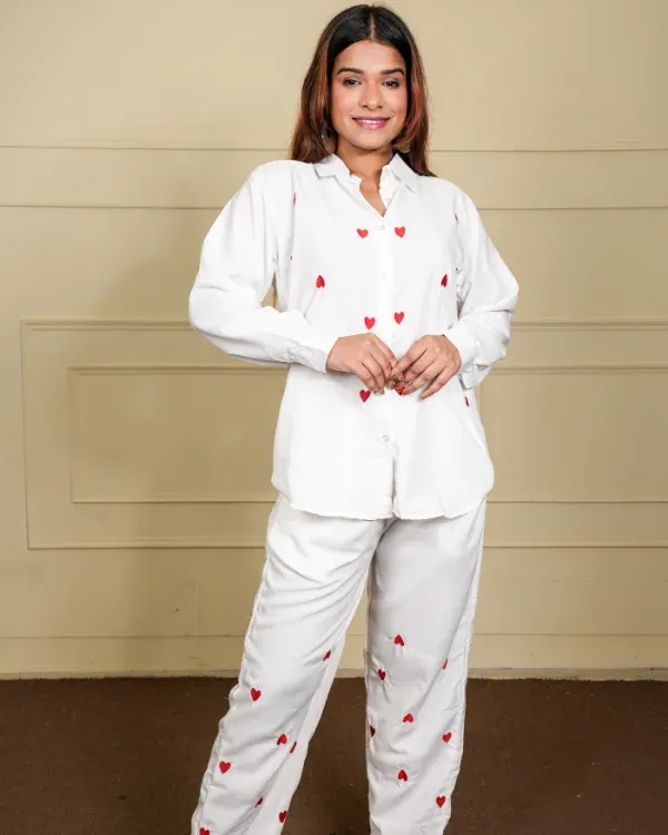 White_&_Red_Button-Down_Shirt_With_Heart_Embroidery_For_Women
