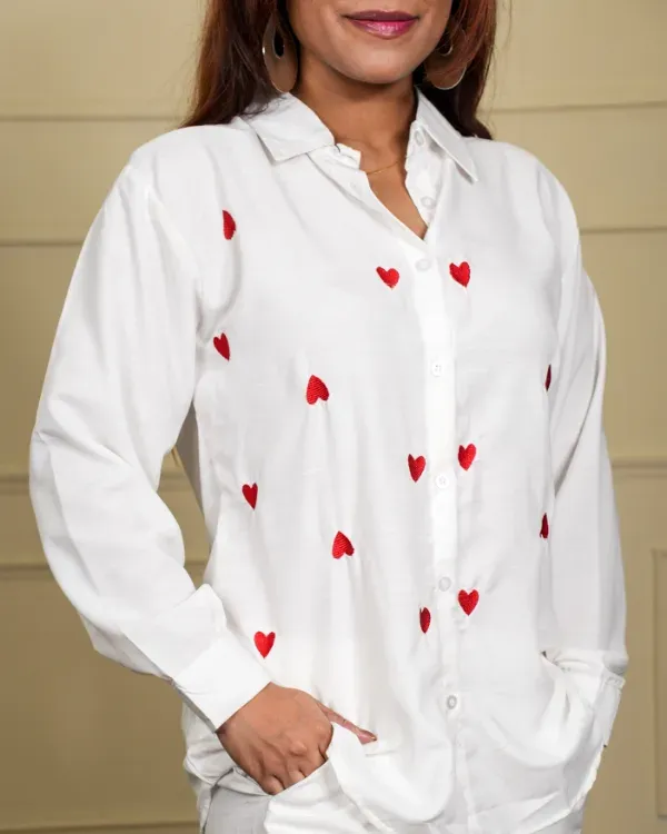 White_&_Red_Button-Down_Shirt_With_Heart_Embroidery_For_Women