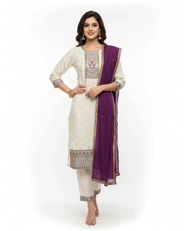 White_Embroidered_Kurta_Set_With_Contrast_Purple_Dupatta_For_Women