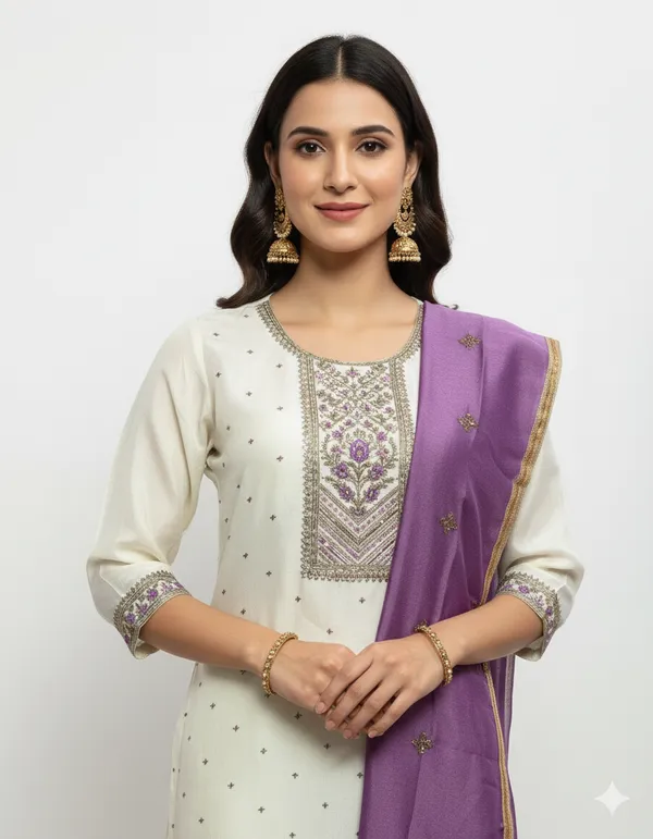 White_Embroidered_Kurta_Set_With_Contrast_Purple_Dupatta_For_Women