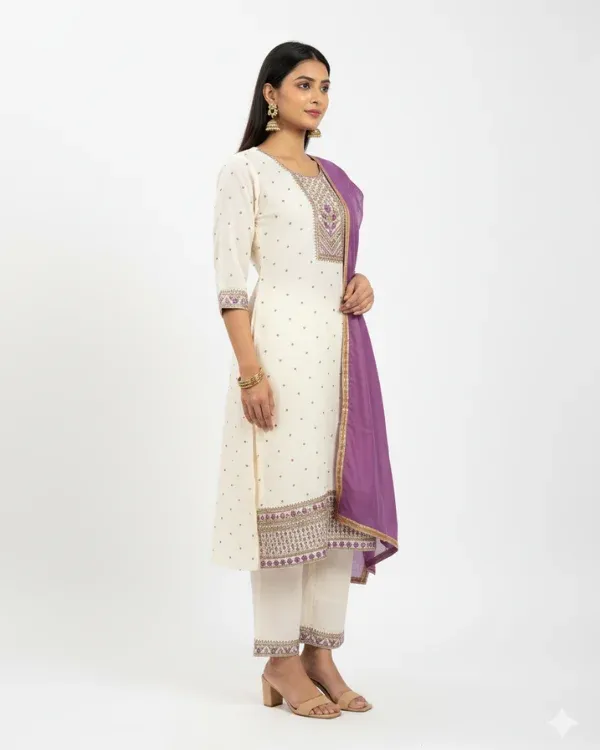 White_Embroidered_Kurta_Set_With_Contrast_Purple_Dupatta_For_Women