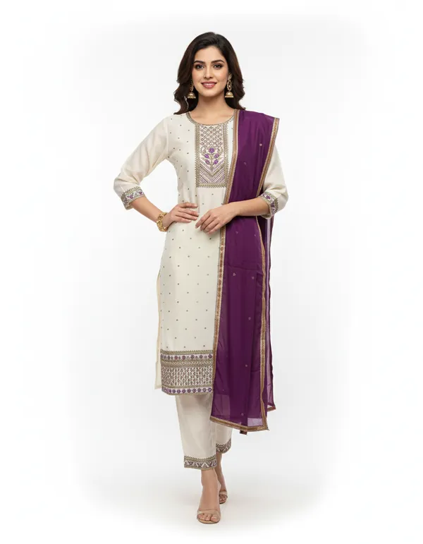 White_Embroidered_Kurta_Set_With_Contrast_Purple_Dupatta_For_Women