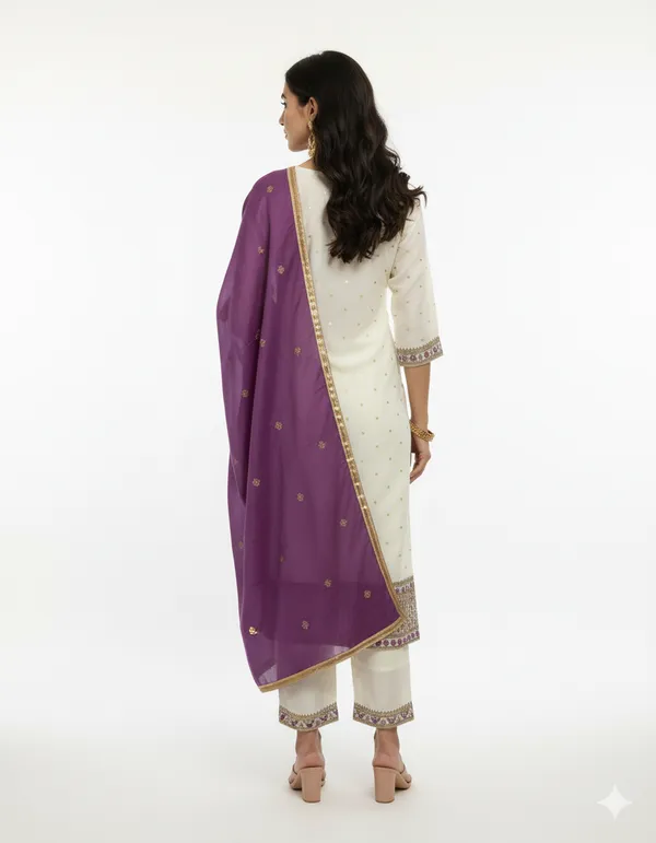 White_Embroidered_Kurta_Set_With_Contrast_Purple_Dupatta_For_Women