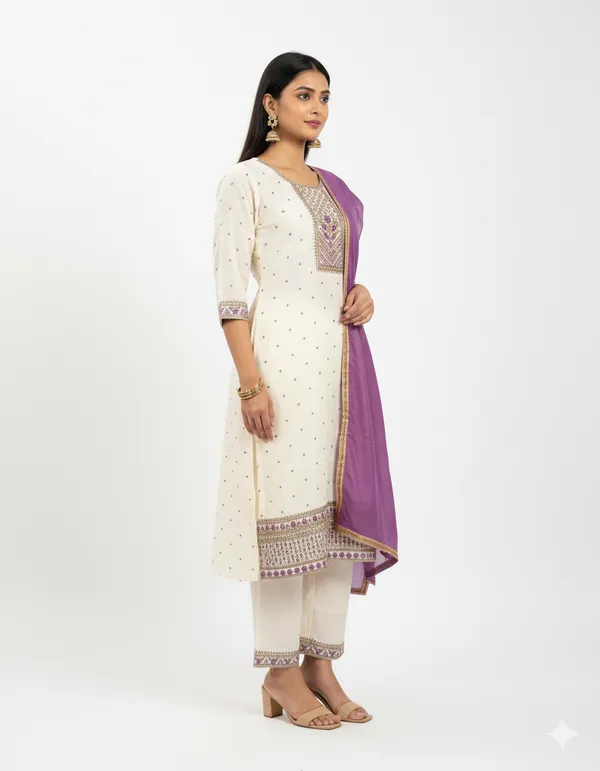 White_Embroidered_Kurta_Set_With_Contrast_Purple_Dupatta_For_Women