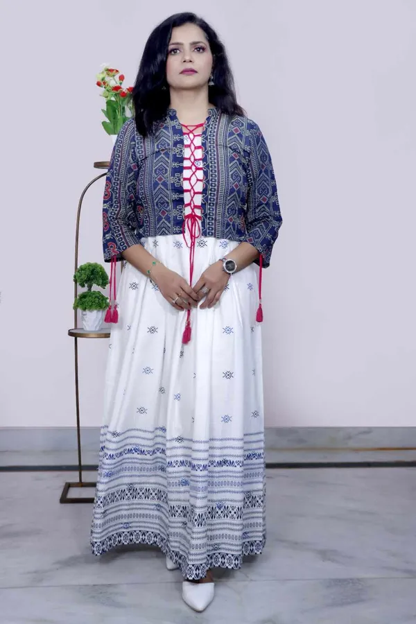 White_&_Navy_Blue_Ethnic_Printed_Maxi_Gown_With_Jacket_For_Women