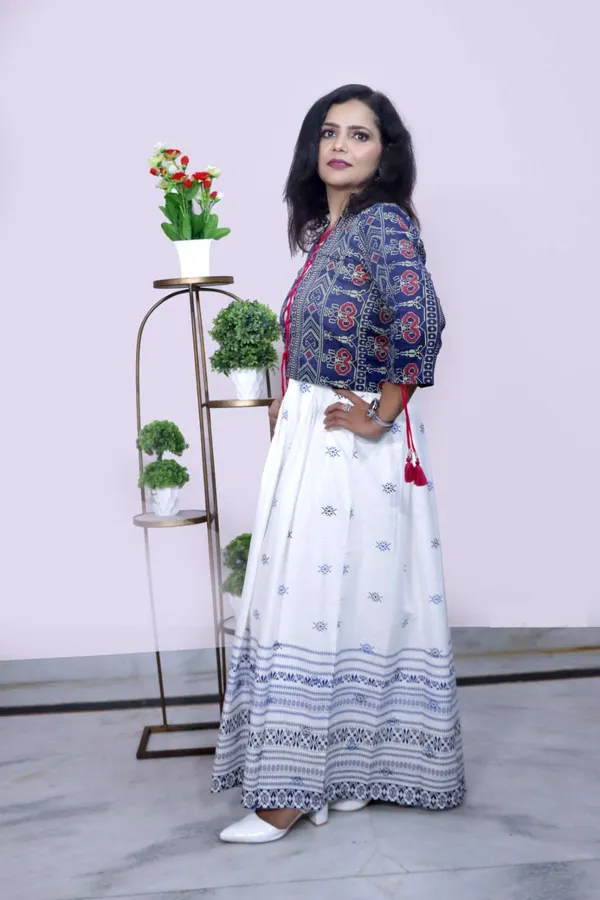 White_&_Navy_Blue_Ethnic_Printed_Maxi_Gown_With_Jacket_For_Women