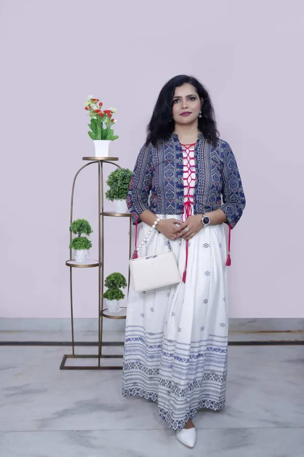 White_&_Navy_Blue_Ethnic_Printed_Maxi_Gown_With_Jacket_For_Women