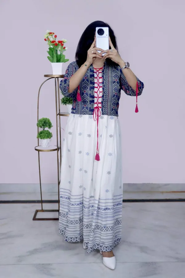 White_&_Navy_Blue_Ethnic_Printed_Maxi_Gown_With_Jacket_For_Women