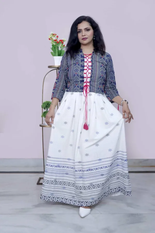 White_&_Navy_Blue_Ethnic_Printed_Maxi_Gown_With_Jacket_For_Women
