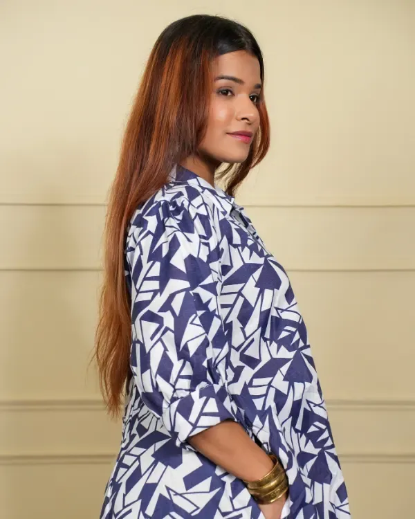 Navy_Blue_&_White_Abstract_Print_Shirt_Dress_For_Women