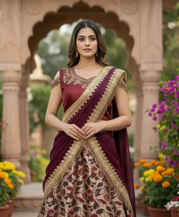 Women's_Designer_Embroidered_Maroon_Lehenga_Set_with_Attached_Drape