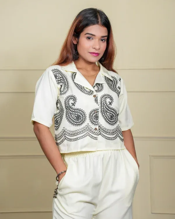White_Embroidered_Co-Ord_Set_(Short_Shirt_+_Pants)_For_Women