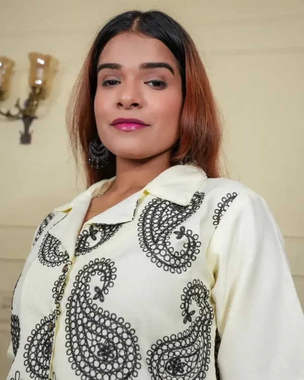 White_Embroidered_Co-Ord_Set_(Short_Shirt_+_Pants)_For_Women