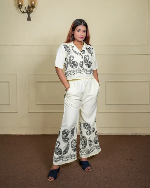 White_Embroidered_Co-Ord_Set_(Short_Shirt_+_Pants)_For_Women