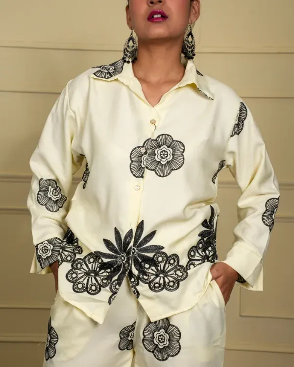 Cream_Floral_Embroidered_Shirt_Trouser_Co-Ord_Set_For_Women