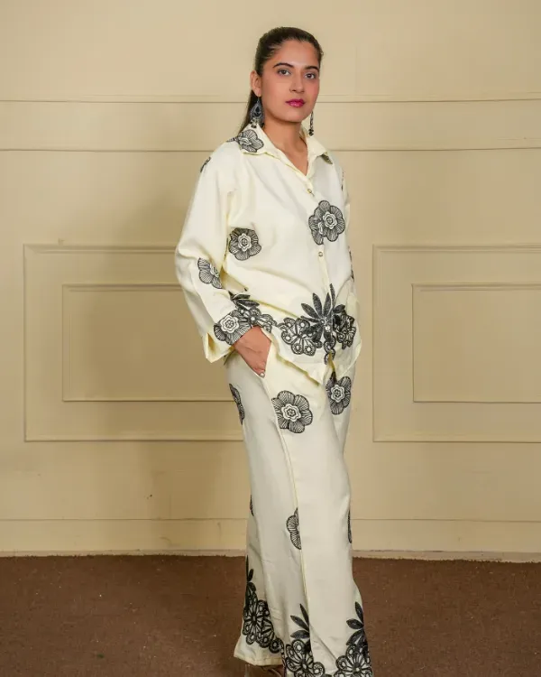 Cream_Floral_Embroidered_Shirt_Trouser_Co-Ord_Set_For_Women