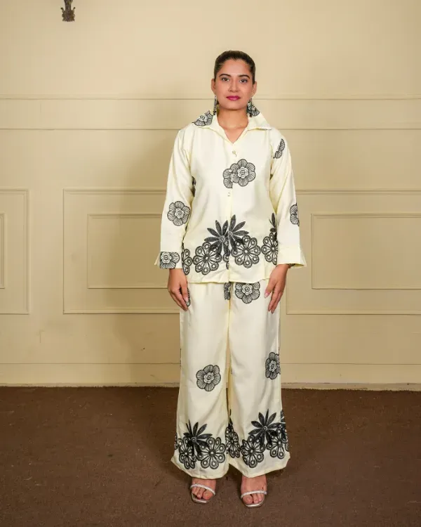 Cream_Floral_Embroidered_Shirt_Trouser_Co-Ord_Set_For_Women