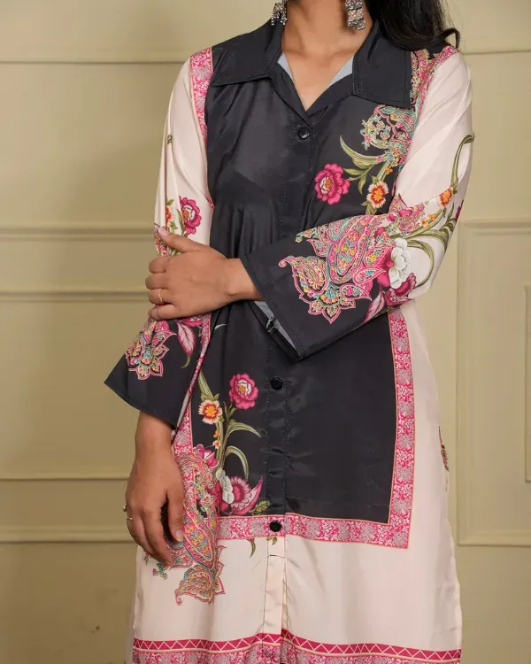 Multicolor_Printed_Co-Ord_Set_With_Collar_Shirt_Solid_Pants_For_Women