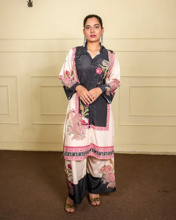 Multicolor_Printed_Co-Ord_Set_With_Collar_Shirt_Solid_Pants_For_Women