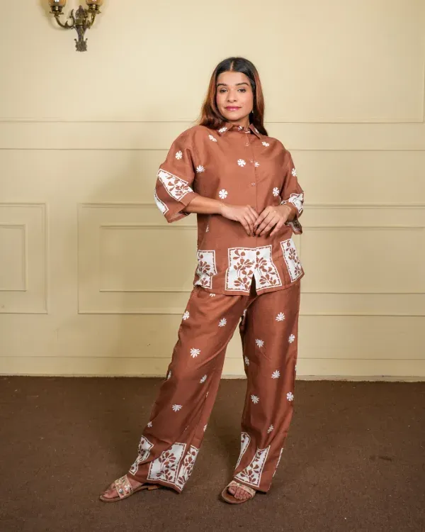 Brown_Printed_Cotton_Co-Ord_Set_With_Short_Sleeves_For_Women