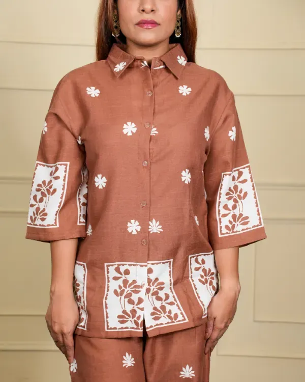 Brown_Printed_Cotton_Co-Ord_Set_With_Short_Sleeves_For_Women