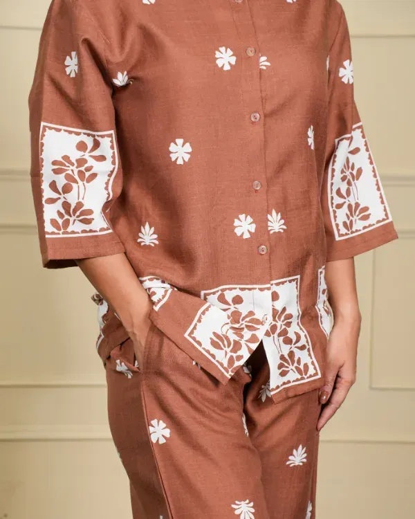 Brown_Printed_Cotton_Co-Ord_Set_With_Short_Sleeves_For_Women