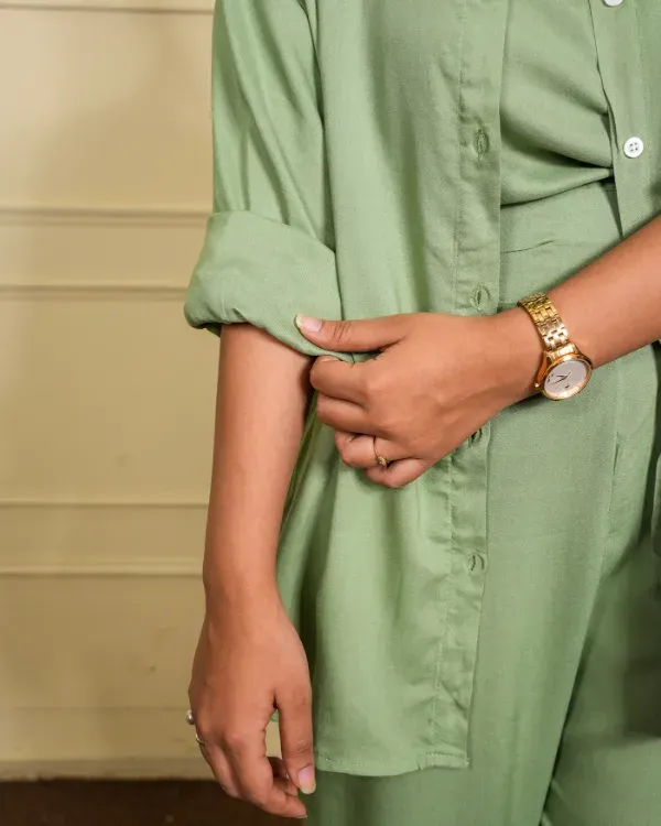 Olive_Green_Solid_Co-Ord_Set_–_Shirt_Pants_For_Women